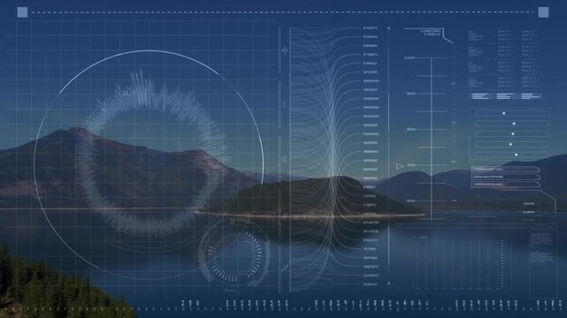 HUD overlay appearing over lake, waveform sweeping bars pulsing while gauge rotating for live data