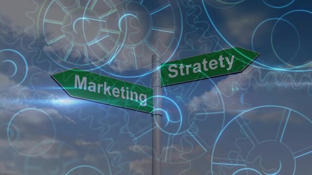 Signpost emerging against cloudy sky, digital cogs fading in spinning around marketing and stratety