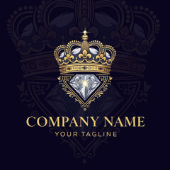 Regal Gold Crown and Sparkling Diamond Logo for Luxury Branding on Elegant Dark Background with Ornate Pattern, Flat Vector Elements, Vector Illustration, Simple Vector, Stylized Vector Drawing,