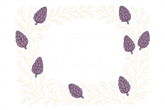 Botanical wreath frame with vintage style leaves and lavender artichoke buds on transparent background