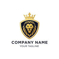 Regal Gold and Dark Blue Lion Head Logo with Crown and Shield on White Background for Company Branding and Luxury Identity, Flat Vector Elements, Vector Illustration, Simple Vector, Stylized Vector