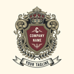 Elegant Heraldic Emblem Design with Royal Crown, Ornate Shield, Laurel Wreath, and Ribbon Banner on Cream Background for Company Branding and Tagline, Flat Vector Elements, Vector Illustration,
