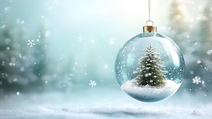 Hanging Christmas Ornament with Snow - covered Pine Trees and Snowflakes Background