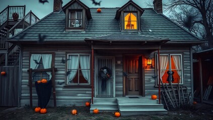 Una casa embrujada decorada para Halloween con calabazas iluminadas, murciélagos y una luna llena en un cielo oscuro.