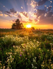 Sunrise over a vibrant meadow filled with wildflowers