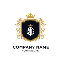 Regal Gold and Navy Shield Logo with Crown and Monogram on White Background - Elegant Company Branding Template, Flat Vector Elements, Vector Illustration, Simple Vector, Stylized Vector Drawing,
