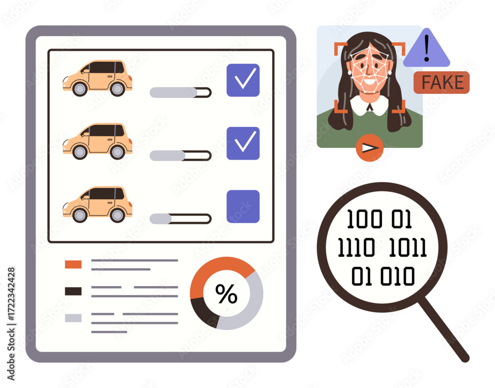 Poster cars with checkboxes on a document, binary code under magnifying glass, ai-detected fake profile. id