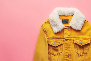 A vibrant yellow denim jacket with a white faux fur collar against a pink background, showcasing fashion, style, and texture in a studio shot