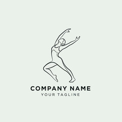 Elegant minimalist art logo featuring a graceful dancer in a dynamic pose, ideal for dance, fitness, and wellness branding, set against a light green background with placeholder text., Flat Vector
