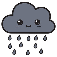 Adorable kawaii cartoon rain cloud character with a happy smiling face and falling raindrops. Cute weather mascot illustration
