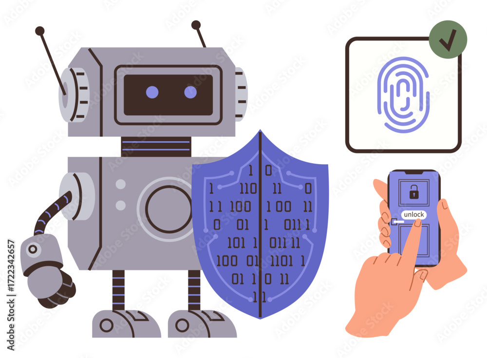 Aufkleber robot holding binary shield, hand using smartphone with fingerprint unlock, tick mark confirming acc