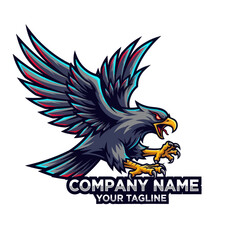 Obraz premium Dynamic Eagle Mascot Logo with Spread Wings and Vibrant Accents on Isolated White Background for Esports, Gaming, and Branding, Flat Vector Elements, Vector Illustration, Simple Vector, Stylized