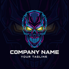 Vibrant Neon Geometric Skull Logo with Glowing Eyes for Esports and Gaming Brands, Featuring Futuristic Cyberpunk Aesthetic on Abstract Dark Background, Flat Vector Elements, Vector Illustration,