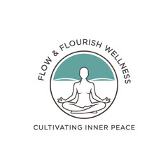 Flow & Flourish Logo with Meditating Figure, Representing Inner Peace and Well-being, Flat Vector Elements, Vector Illustration, Simple Vector, Stylized Vector Drawing, Vector Template, Clean Vector