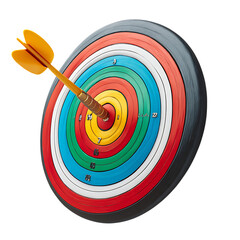 Dart hitting the bullseye on a colorful target isolated on transparent background.