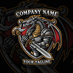 Armored Dragon Warrior Esport Mascot Holding Sword and Shield - Fierce Fantasy Knight Illustration for Gaming Team Logo, Flat Vector Elements, Vector Illustration, Simple Vector, Stylized Vector
