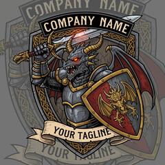 Obraz premium Fierce Armored Dragon Knight with Glowing Sword, Shield, and Ornate Celtic Knotwork Emblem - Fantasy Mascot Logo Design, Flat Vector Elements, Vector Illustration, Simple Vector, Stylized Vector