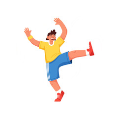 Fototapeta premium Energetic cartoon character playfully posing in a dynamic sports-inspired dance move against white