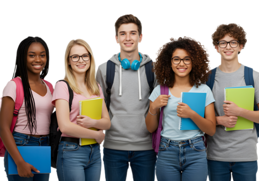 Diverse group of smiling students with backpacks and books, ready for school or university education