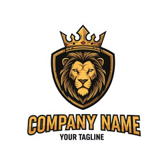 Powerful Golden Lion Head Logo with Royal Crown and Shield, featuring 'Company' and 'Your Tagline' text for strong brand identity on an isolated white background., Flat Vector Elements, Vector © Kuda
