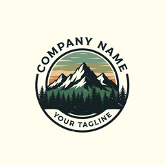 Mountain & Forest Adventure Logo Emblem with Retro Distressed Effect for Outdoor Company Branding on Cream Background, Flat Vector Elements, Vector Illustration, Simple Vector, Stylized Vector