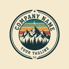 Outdoor Adventure Mountain and Pine Forest Badge Logo Design with Distressed Texture, Starry Night Sky, Crescent Moon, and Axes on a Light Background, Flat Vector Elements, Vector Illustration,