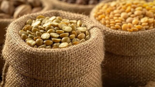 Close up shot of burlap sacks filled with dried split peas and other legumes showcasing natural textures and healthy food ingredients
