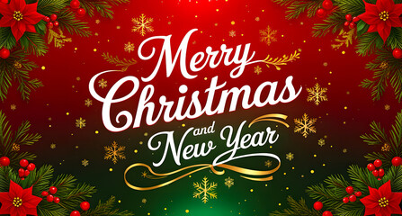 Merry Christmas and New Year Greeting With Festive Snowflakes and Poinsettia Border
