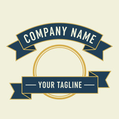Company Logo Template with Elegant Blue Ribbon Banner, Gold Outlines, and Placeholder Text for Branding, Flat Vector Elements, Vector Illustration, Simple Vector, Stylized Vector Drawing, Vector