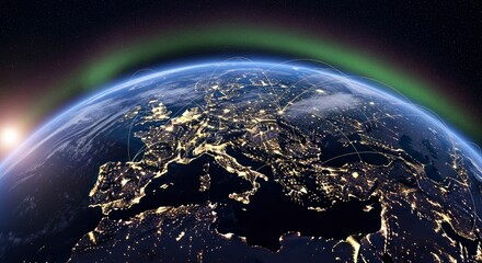 A global night scene from space featuring brightly lit urban areas across a landmass interconnected lines an atmospheric light and a celestial backdrop