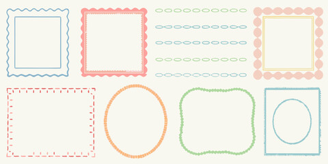 Collection of hand drawn decorative borders and frames in pastel colors on a cream background