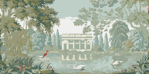 Tranquil pastoral landscape with a classical building reflected in a serene lake and graceful swans swimming © Dibyendu
