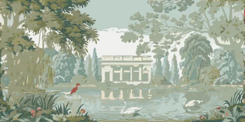 Fotobehang Olijf Tranquil pastoral landscape with a classical building reflected in a serene lake and graceful swans swimming  © Dibyendu