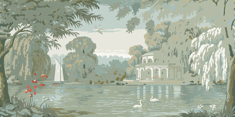 Serene landscape painting of a lake with a sailboat swans and a classical building surrounded by trees © Dibyendu