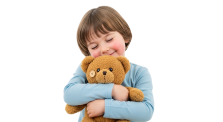 Young child hugging a teddy bear isolated on transparent background