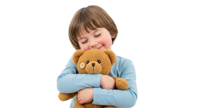 Young child hugging a teddy bear isolated on transparent background