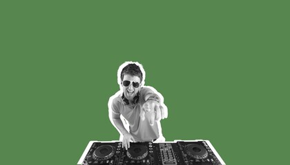 DJ mixing modern music in a studio on background
