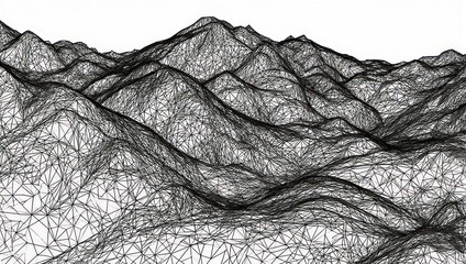 Dynamic abstract mountain landscape rendered with intricate wireframe mesh evoking a sense of digital exploration and topographic data visualization