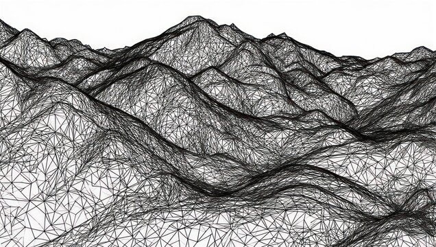 Dynamic abstract mountain landscape rendered with intricate wireframe mesh evoking a sense of digital exploration and topographic data visualization - Powered by Adobe