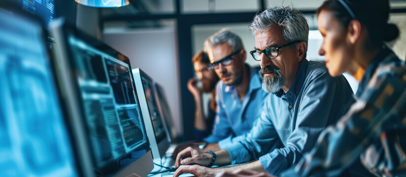 Tech Team: A focused team of IT professionals are deeply engaged, their gaze fixed on the screens, in an image that evokes a sense of technological immersion and intellectual intensity