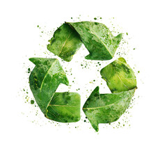 Green leaf recycling symbol with water droplets isolated on transparent background.