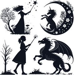 Set of 4 designs solid black silhouette fantasy, magic wand, fairy, unicorn, castle, dragon, full black fill, realistic proportions, isolated on white background, vector-friendly, no text.