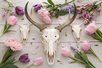 A set of animal skull deer, cow ,goat with pink and different color of blooming flowers , vector art, illustration art 