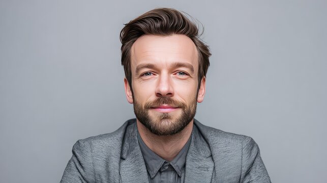 Professional man in a gray blazer exudes confidence and approachability, perfect for corporate or lifestyle projects showcasing success and modernity.