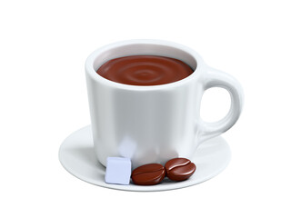 3D Rendered Shiny Coffee Cup with Beans and Sugar Cube Still Life