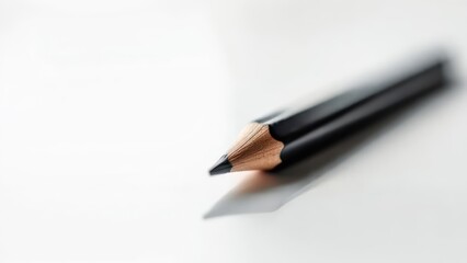 Sharp black pencil with a wooden tip casts a shadow on a clean, bright white surface, symbolizing creativity and new ideas.