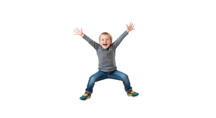 Excited young boy jumping with arms raised, isolated on transparent background