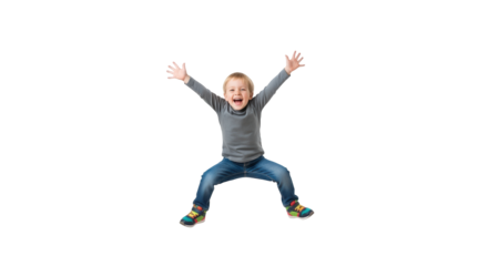 Excited young boy jumping with arms raised, isolated on transparent background