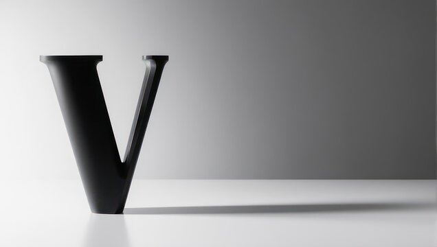 Sleek modern black letter V sculpture casting a dramatic shadow on a minimalist white surface, perfect for branding and design projects.