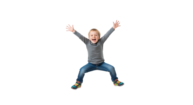 Excited young boy jumping with arms raised, isolated on transparent background